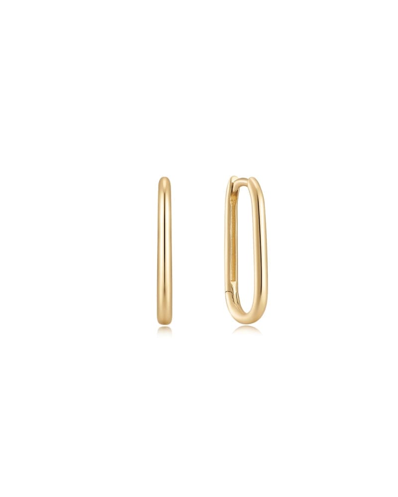 Front of a size one-size-fits-all 14K Gold Essential Oval Huggie Hoops Gold in Gold by Eklexic. | dia_product_style_image_id:283026